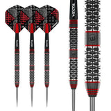 Three tungsten darts with black and red flights shown side by side, plus macro close-up of precision grip barrel texture on white background
