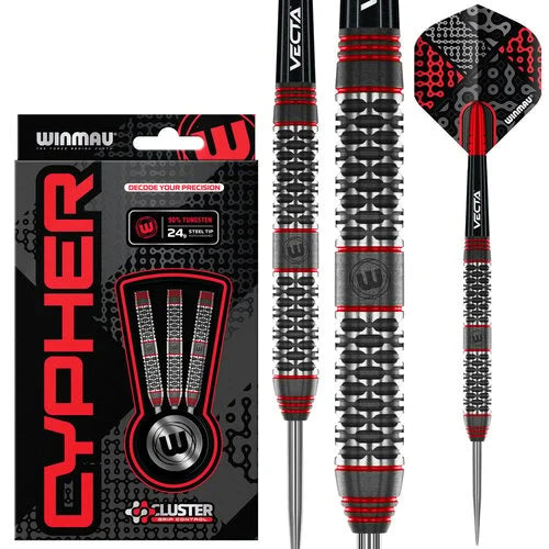 Full view of 90% tungsten darts with knurled barrel grip, red and black accents, packaging and flight detail, steel tip darts