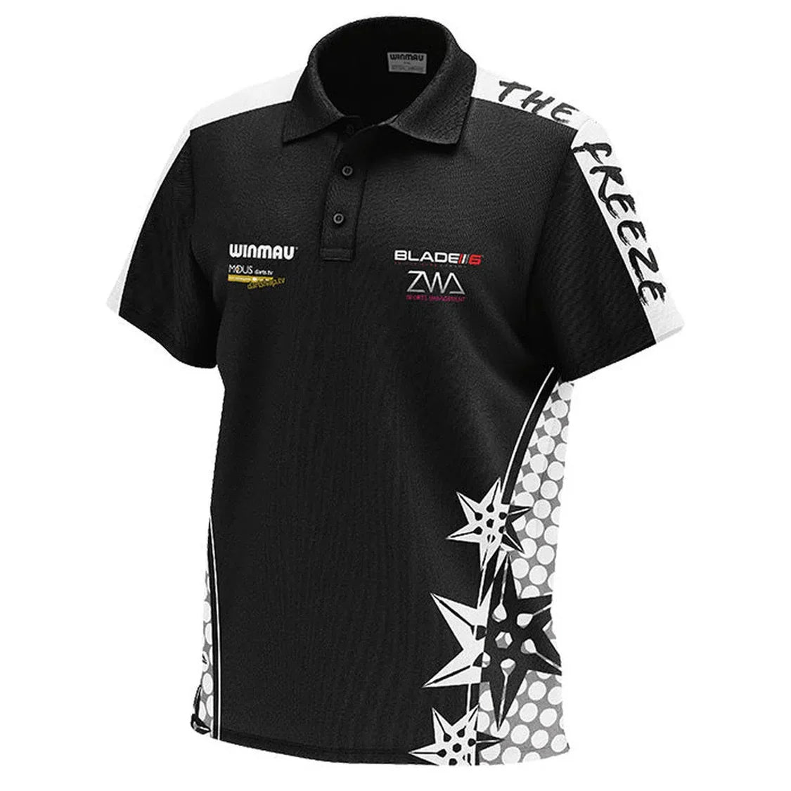Angled full view of Danny Noppert darts shirt with bold front logos, star graphics, moisture wicking dart polo features.