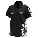 Angled full view of Danny Noppert darts shirt with bold front logos, star graphics, moisture wicking dart polo features.