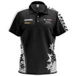 Full front view of Danny Noppert darts shirt on white background, highlighting moisture-wicking polo fabric, sponsor logos, and dart-themed graphics
