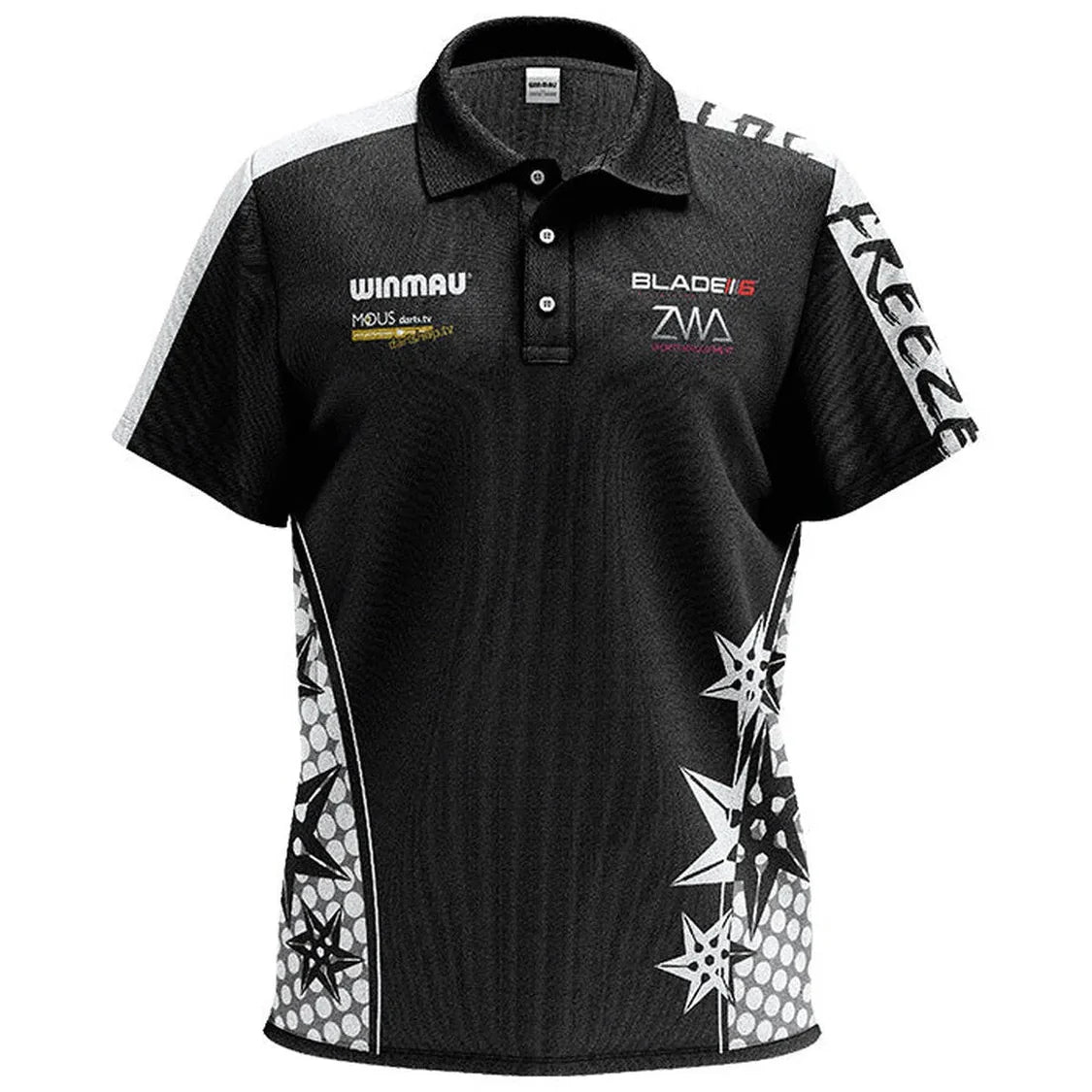 Full front view of Danny Noppert darts shirt on white background, highlighting moisture-wicking polo fabric, sponsor logos, and dart-themed graphics