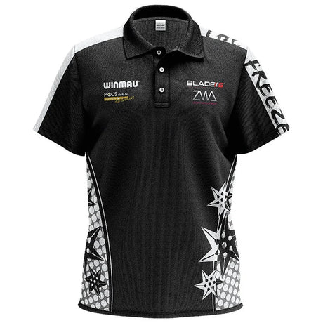 Full front view of Danny Noppert darts shirt on white background, highlighting moisture-wicking polo fabric, sponsor logos, and dart-themed graphics