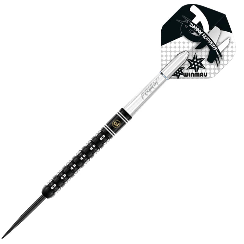 Full steel tip dart with detailed black grip barrel, silver shaft, and custom Danny Noppert Freeze flight on white background