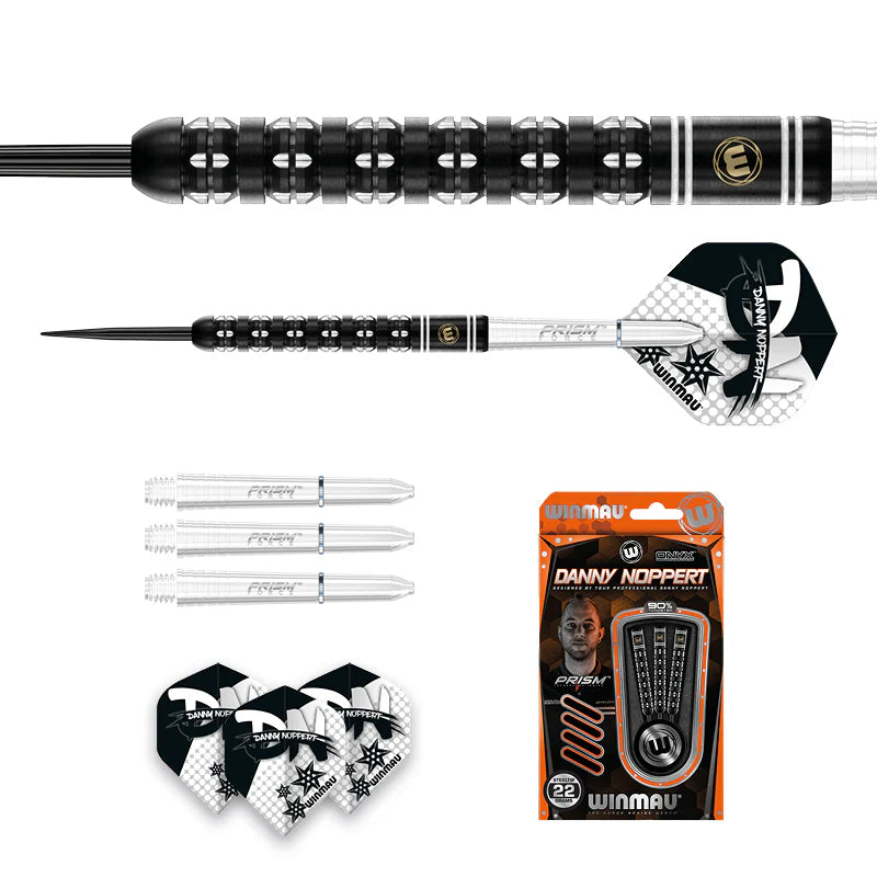 Danny Noppert Freeze Edition tungsten darts set with grip barrel detail, spare shafts, flights, and retail packaging on white background
