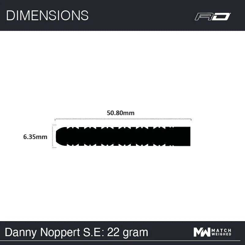 22g tungsten dart barrel dimensions top-down view, 50.80mm length, 6.35mm diameter, scale reference for Danny Noppert Freeze Edition