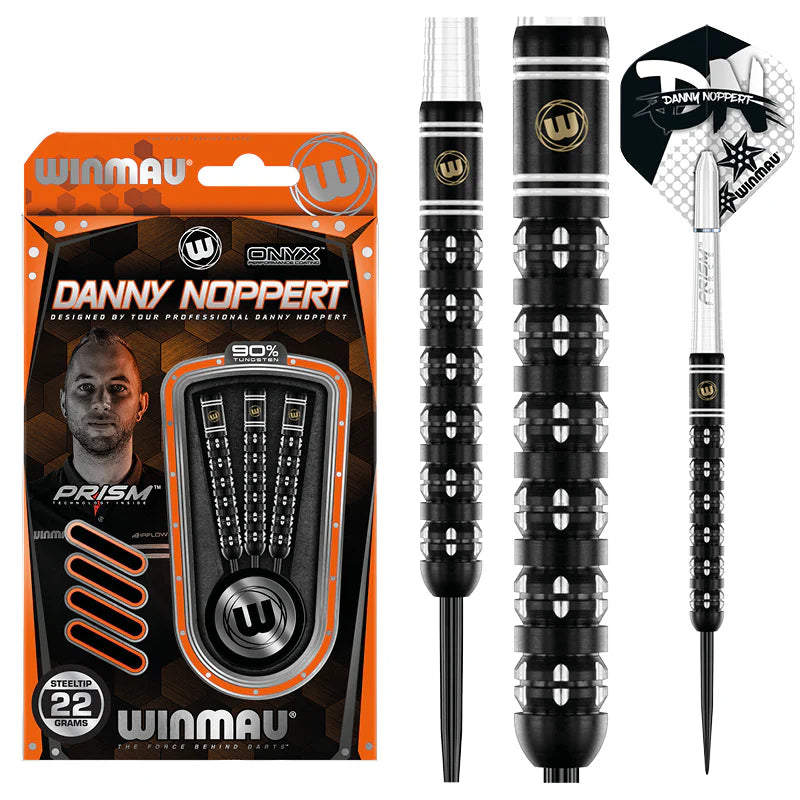 Danny Noppert Freeze Edition 90% tungsten darts in retail packaging with close-up on black knurled barrel grip and branded flights