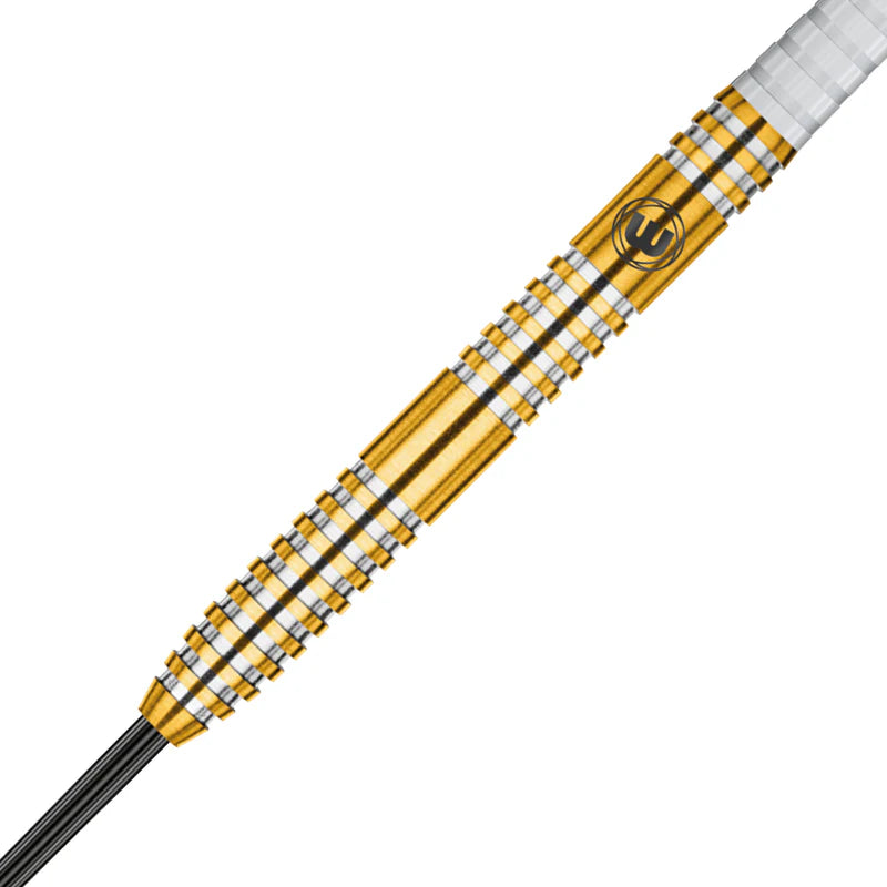 Close-up of tungsten dart barrel showing gold rings, precision grip texture, and engraved logo for dart players