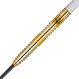 Close-up of tungsten dart barrel showing gold rings, precision grip texture, and engraved logo for dart players