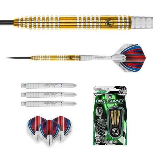 90% tungsten darts set with close-up barrel grip, full dart, spare shafts, flights, and retail packaging on white background