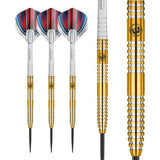 Three 90% tungsten darts with gold grooved barrels, striped flights, and a detailed close-up of barrel grip texture, isolated on white