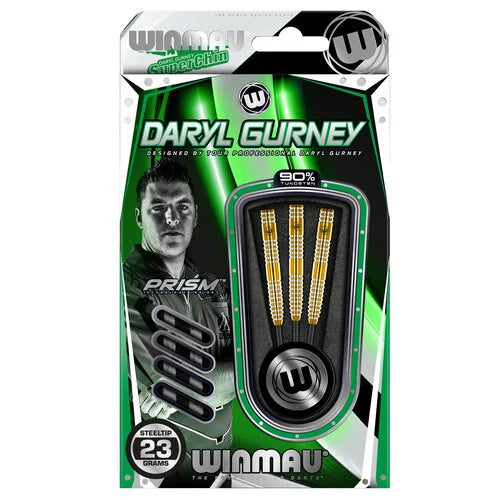 Steel tip darts in retail packaging, 90 percent tungsten, grip detail and 23g weight shown, ideal for serious dart players
