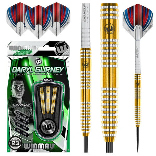 Daryl Gurney 90% tungsten darts set with close-up of grip rings, full dart views, flights design, and retail packaging