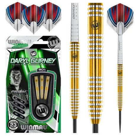 Daryl Gurney 90% tungsten darts set with close-up of grip rings, full dart views, flights design, and retail packaging