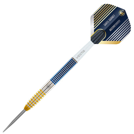 Full view steel tip dart with blue and gold ringed grip, 90% tungsten barrel, and Daryl Gurney Pro Series flight on white background
