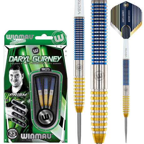 Steel tip tungsten darts set in retail packaging with close-up of blue and gold ringed barrels and pro flights