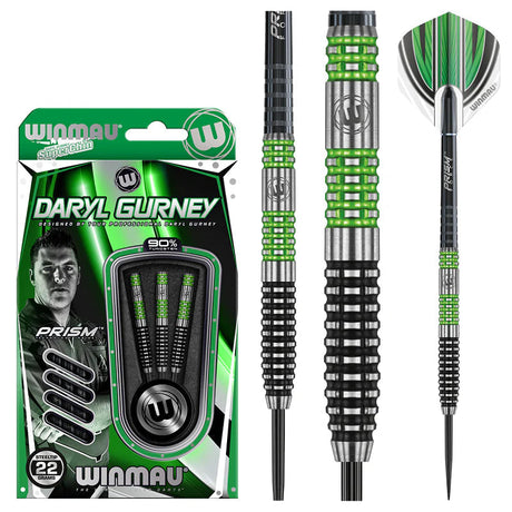 Full view of Daryl Gurney SE 90% tungsten steel tip darts in retail packaging with close-ups highlighting grip texture and flight design