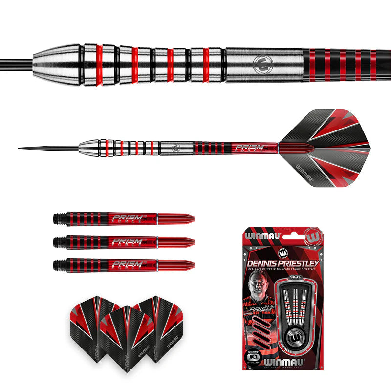 Dennis Priestley 90% tungsten darts set with close-up barrel grip, full dart assembly, extra red shafts, flights, and packaging on white background