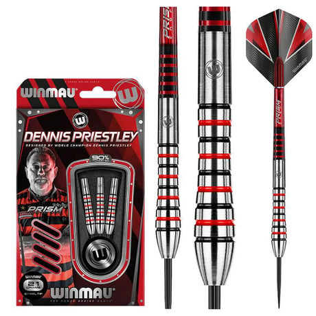 Dennis Priestley 90% tungsten darts in packaging with three steel tip darts isolated, highlighting red ringed grip and precision barrel.