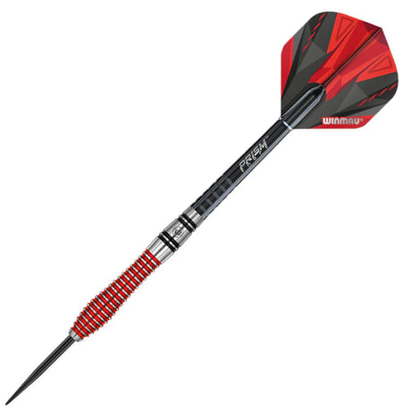 Winmau Dennis Priestley SE 90% tungsten dart – red ringed grip barrel with black point and red-black flight