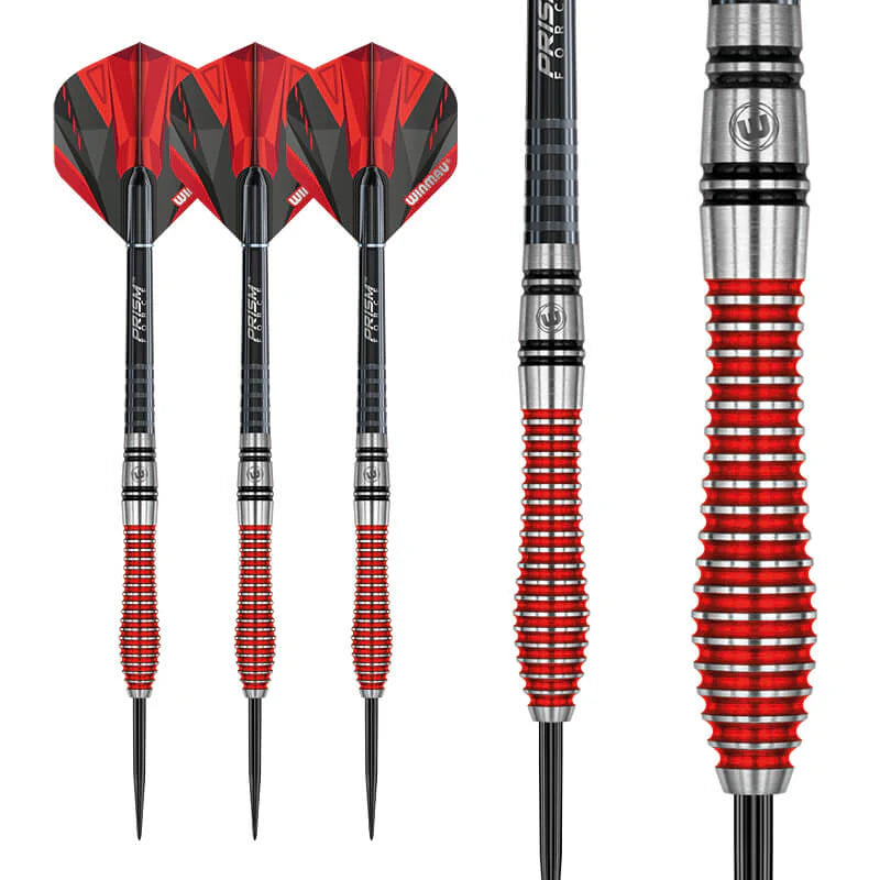 Winmau Dennis Priestley SE 90% tungsten darts – three red-grooved barrels with black and red flights