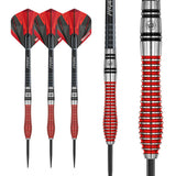 Winmau Dennis Priestley SE 90% tungsten darts – three red-grooved barrels with black and red flights