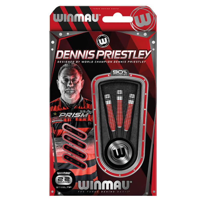 Winmau Dennis Priestley SE 90% tungsten darts – boxed set with three red-gripped barrels and spare flights