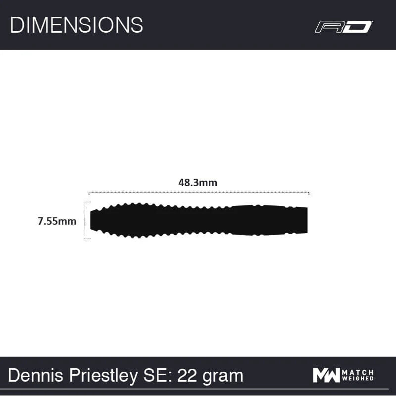 Dennis Priestley SE dart dimensions – 22g teardrop barrel showing 48.3mm length and 7.55mm diameter