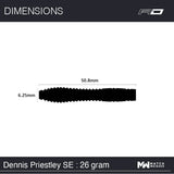 Dennis Priestley SE dart dimensions – slimline 26g barrel showing 50.8mm length and 6.25mm diameter