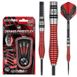 Winmau Dennis Priestley SE 90% tungsten darts – retail packaging with red grooved barrel close-up and matching flights
