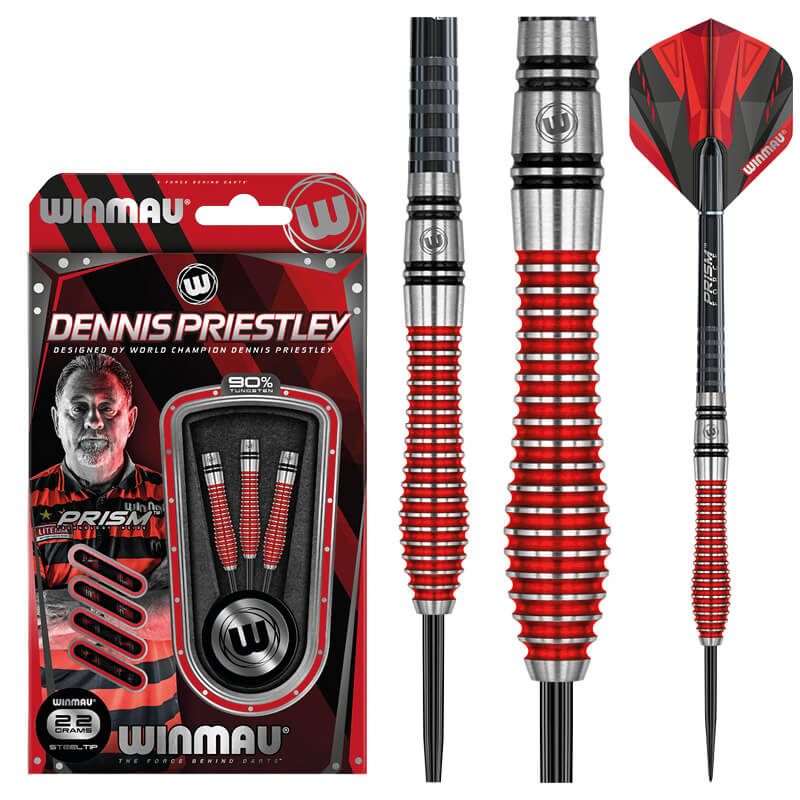 Winmau Dennis Priestley SE 90% tungsten darts – retail packaging with red grooved barrel close-up and matching flights