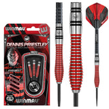 Winmau Dennis Priestley SE 90% tungsten darts – retail packaging with red grooved barrel close-up and matching flights