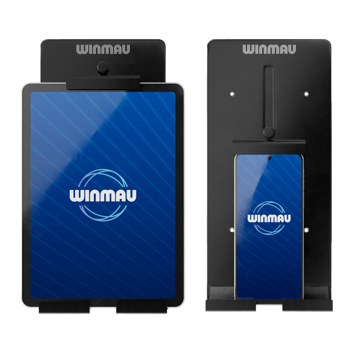 Winmau Device Holder shown holding a tablet beside a dartboard