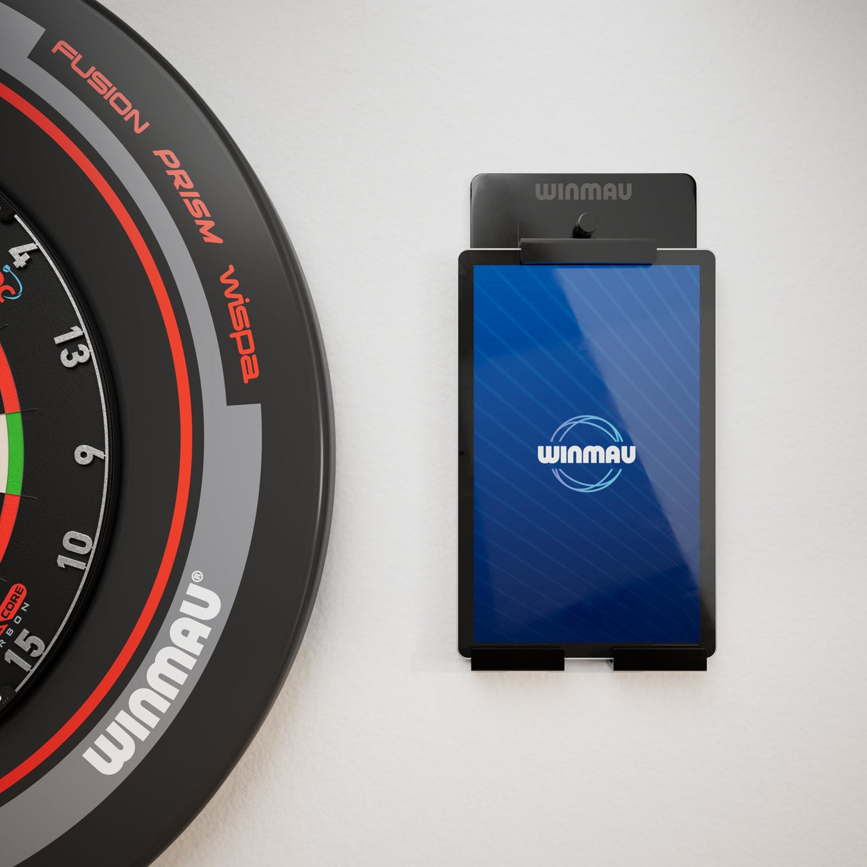 Winmau Device Holder, a wall-mounted anodised aluminium bracket for phones and tablets