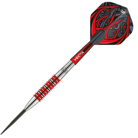 Tungsten dart full view on white background showcasing precision grip rings and bold red-black patterned flight
