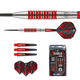 Steel tip tungsten darts set with detailed barrel grip close-up, Vecta stems, Diablo flights, and retail packaging on white background