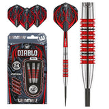 Steel tip tungsten darts set with close-up grip texture, red and black flights, packaging, and extra flights on white background