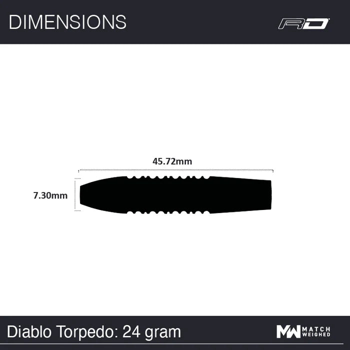 Dart barrel dimensions top-down, showing 45.72mm length and 7.30mm diameter for 24 gram tungsten dart