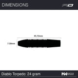 Dart barrel dimensions top-down, showing 45.72mm length and 7.30mm diameter for 24 gram tungsten dart
