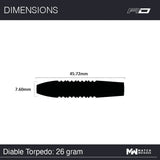 Dart barrel dimensions diagram showing 45.72mm length and 7.60mm diameter, side profile silhouette for 26g tungsten dart