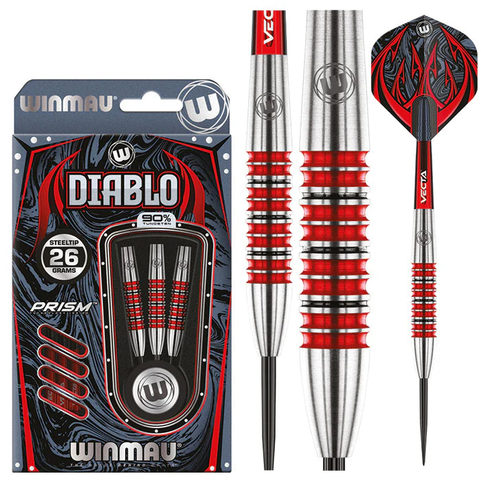 Steel tip 90% tungsten darts with red ringed grip, full barrel detail, flight design, and retail packaging display