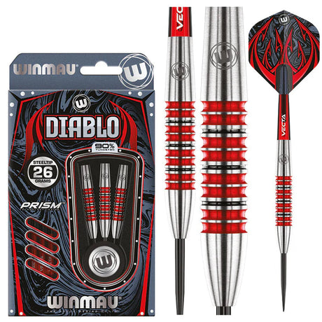 Steel tip 90% tungsten darts with red ringed grip, full barrel detail, flight design, and retail packaging display