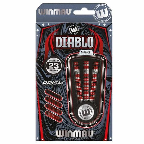 Retail packaging displaying three 90% tungsten parallel darts, steeltip 23g, with red grip rings and flights included.