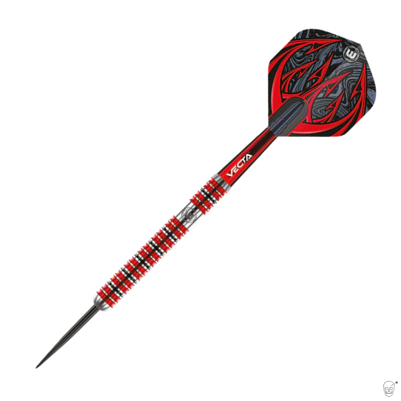 Angled view of tungsten dart with ringed grip, black and red barrel, and graphic flight isolated on white background