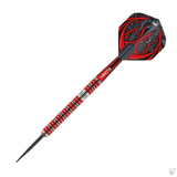 Angled view of tungsten dart with ringed grip, black and red barrel, and graphic flight isolated on white background