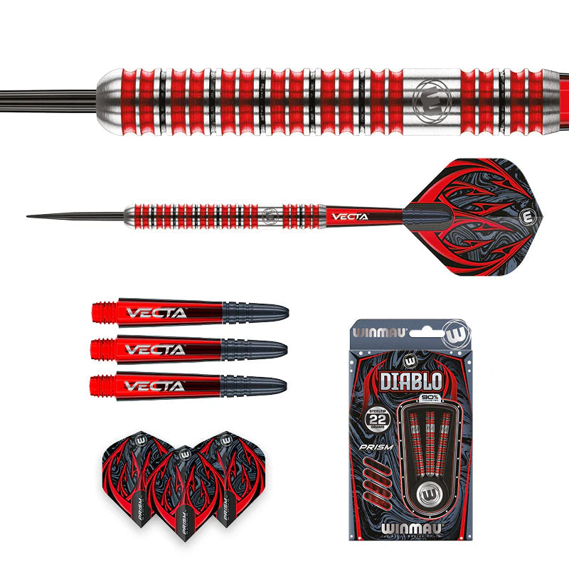 Parallel tungsten darts kit with close-up barrel texture, full assembled dart, extra shafts, flights, and Diablo 2 packaging on white.