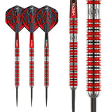 Parallel tungsten darts set with detailed red barrel grip close-up, sharp steel tips, and flame design flights on white background