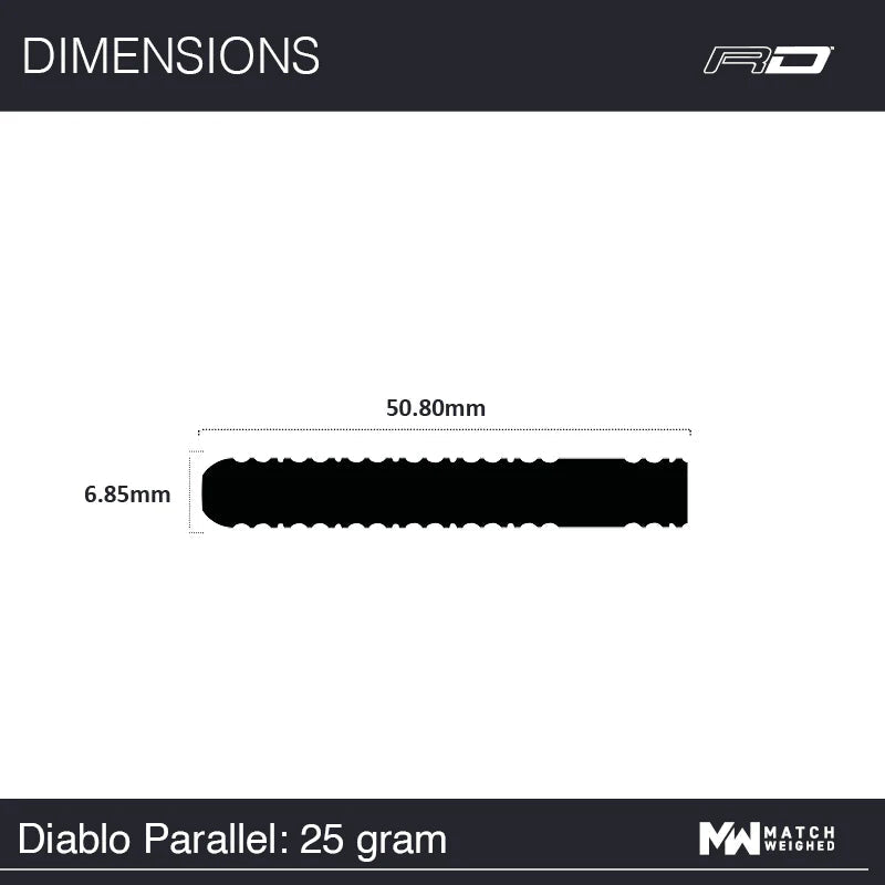 Dart barrel side profile with scale, showing 50.80mm length and 6.85mm diameter for Diablo 2 Parallel 25g tungsten darts