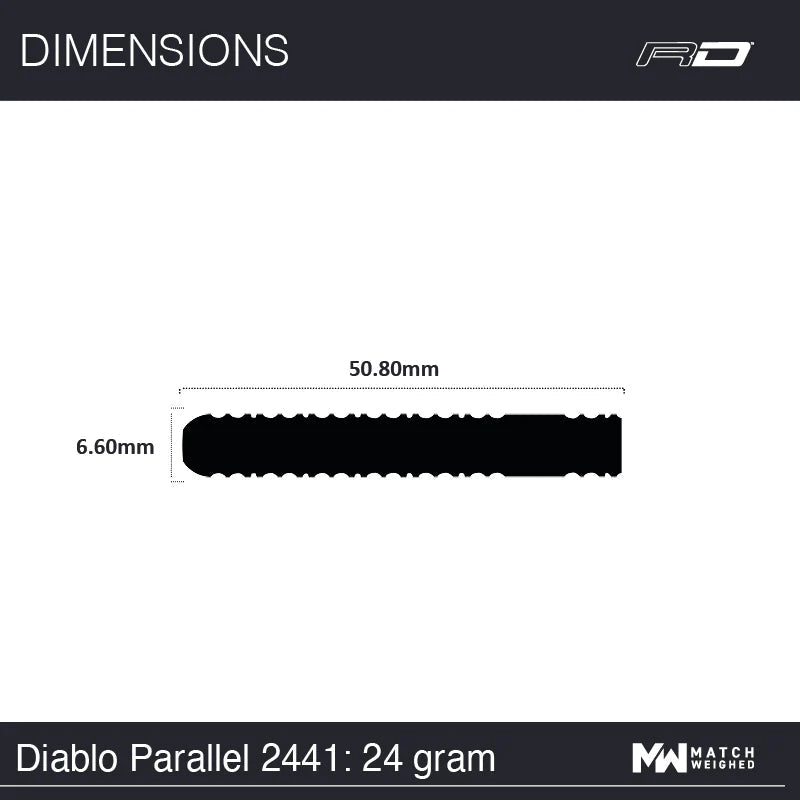 Dart barrel dimension diagram with silhouette, displaying 50.80mm length and 6.60mm diameter for 24g tungsten darts
