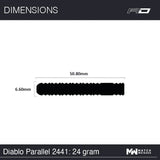 Dart barrel dimension diagram with silhouette, displaying 50.80mm length and 6.60mm diameter for 24g tungsten darts